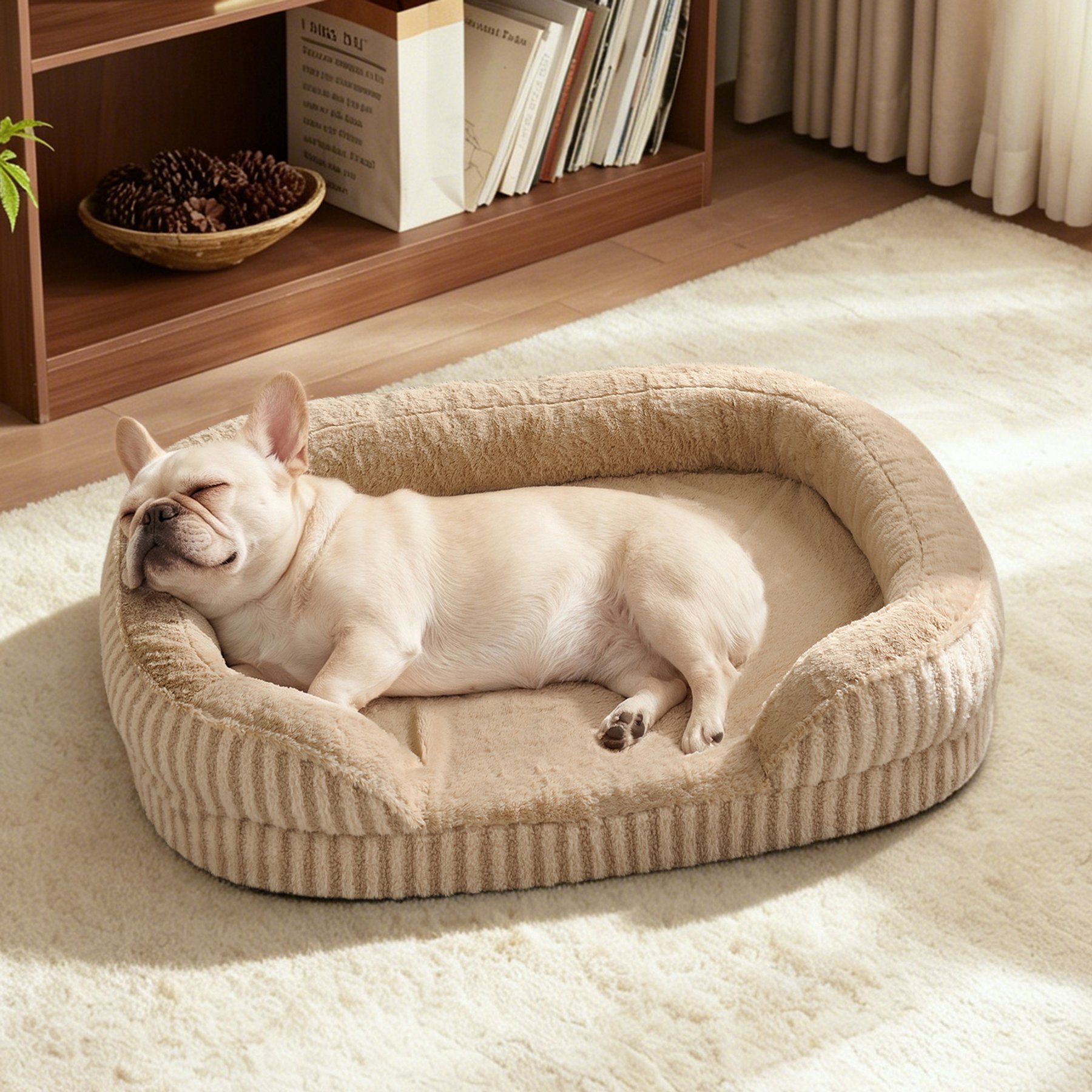 MIXJOY Orthopedic Bolster Non-Slip Oval Dog Sofa Bed with Removable Rabbit-Fur Cover, Brown, Medium