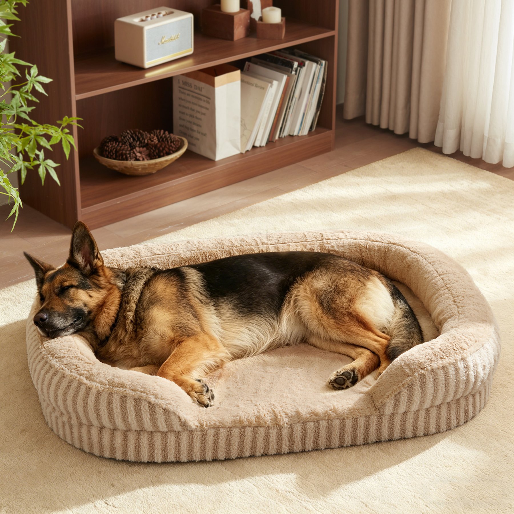 MIXJOY Orthopedic Bolster Non-Slip Oval Dog Sofa Bed with Removable Rabbit-Fur Cover, Brown, XX-Large
