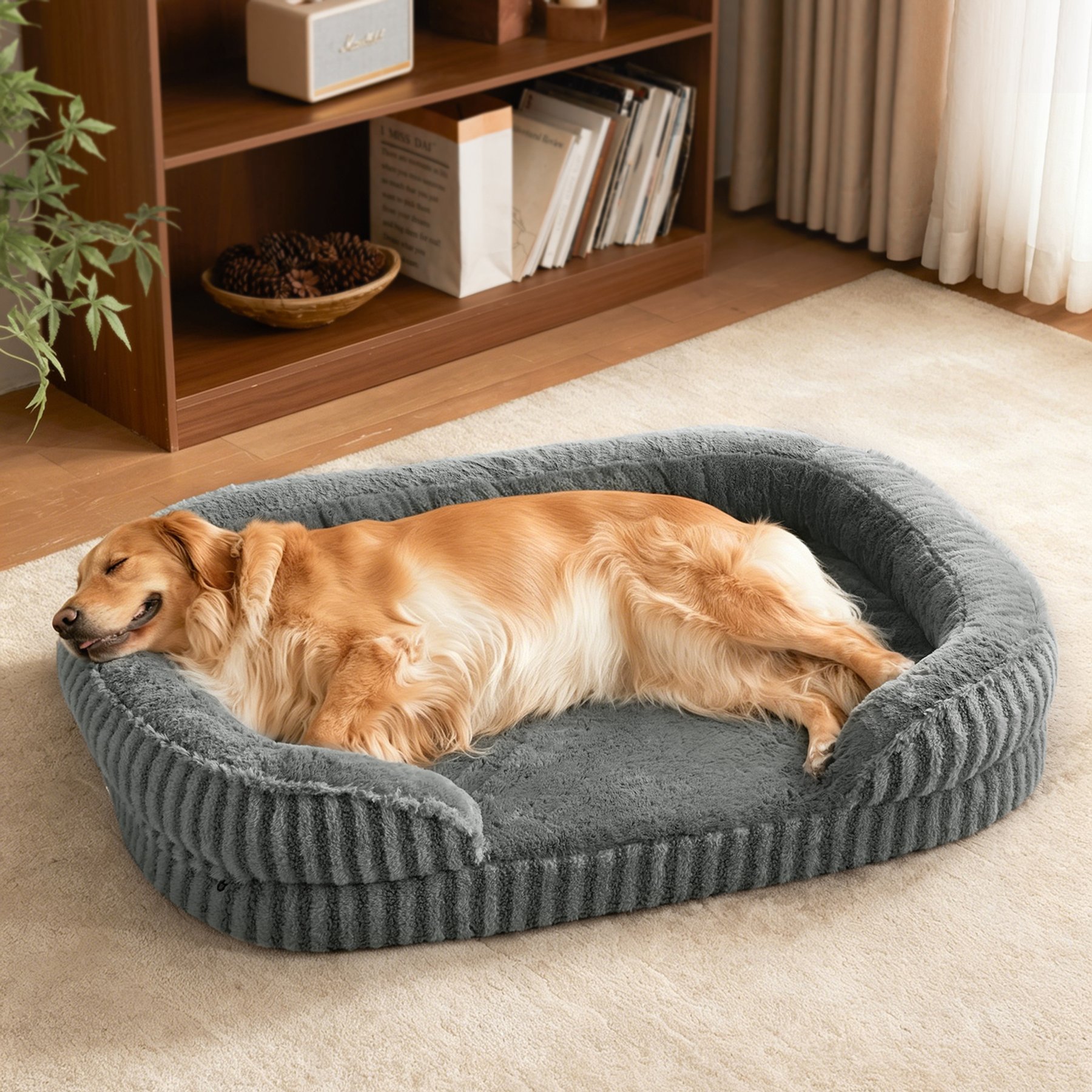 MIXJOY Orthopedic Bolster Non-Slip Oval Dog Sofa Bed with Removable Rabbit-Fur Cover, Dark Gray, X-Large
