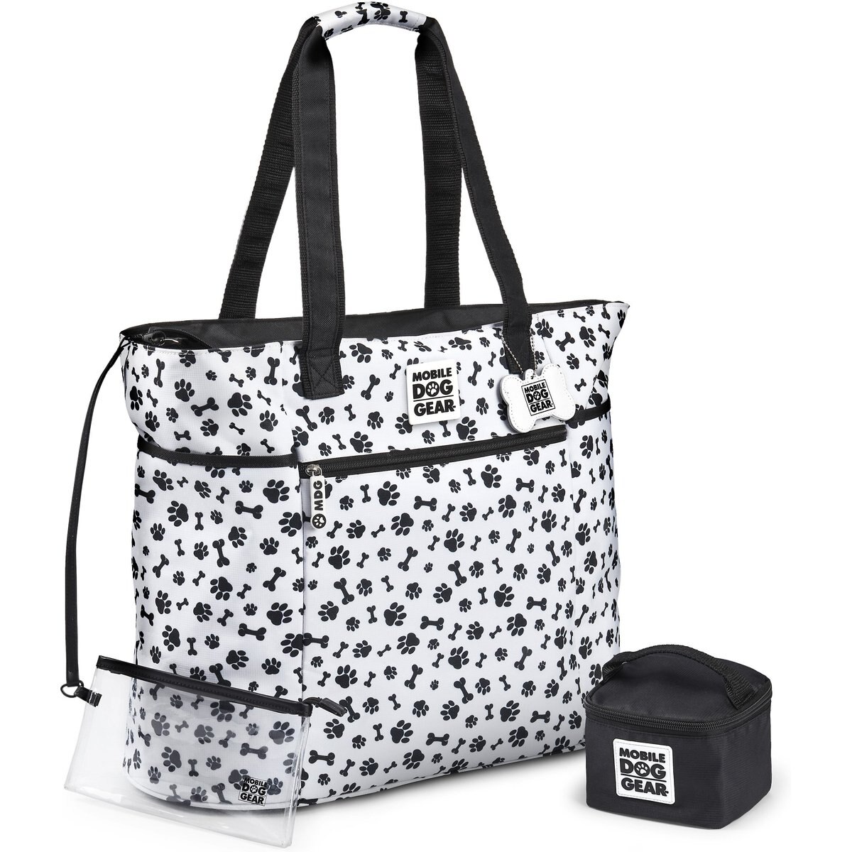 Mobile Dog Gear Dogssentials Tote Travel Bag, White & Black Paw Print