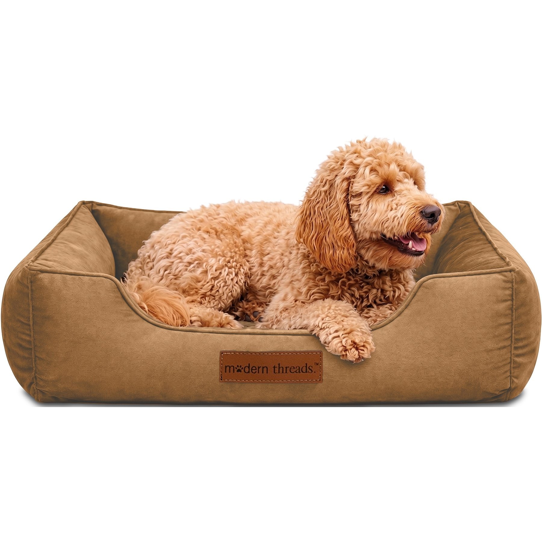 MODERN THREADS Luxury Tufted Velvet Cuddler Dog & Cat Bed with Removable Cover, Caramel, Large