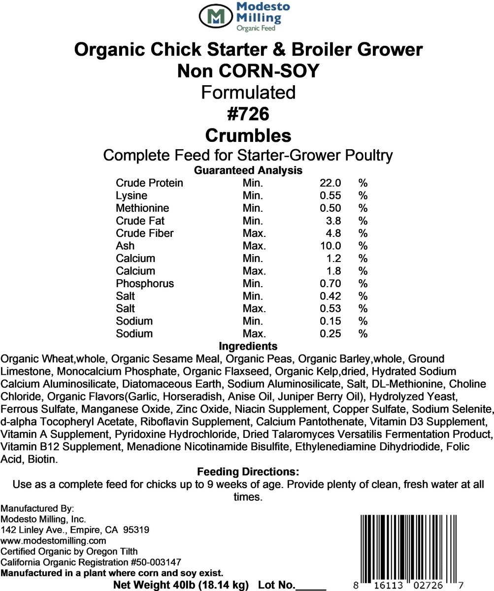 Modesto Milling Organic Non-Soy 22% Protein Chick Starter & Grower Crumbles Chicken Feed