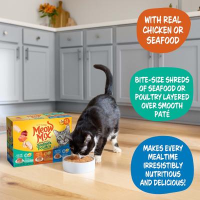 Show full view: Meow Mix Pate Toppers Seafood & Poultry Variety Pack Cat Food, 2.75-oz cup, case of 12 slide 6 of 10