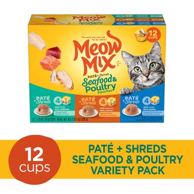 Show full view: Meow Mix Pate Toppers Seafood & Poultry Variety Pack Cat Food, 2.75-oz cup, case of 12 slide 3 of 10