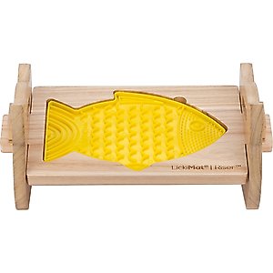 LickiMat Riser with Felix Non-Skid Wood Cat Elevated Bowl, Yellow