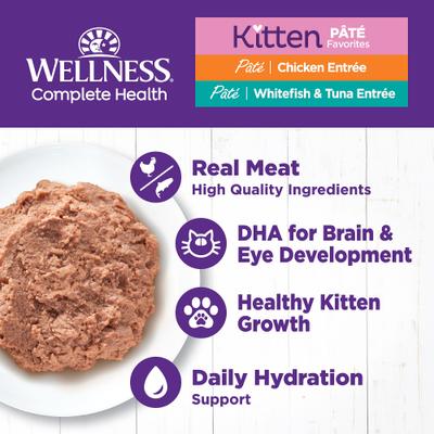 Show full view: Wellness Complete Health Natural Grain-Free Deboned Chicken & Chicken Meal Dry Kitten Food + Kitten Variety Pack Grain-Free Canned Cat Food slide 8 of 9