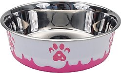 Maslow Design Series Paw Design Non-Skid Stainless Steel Dog Bowl, Pink/White, 6.75-cup slide 1 of 2