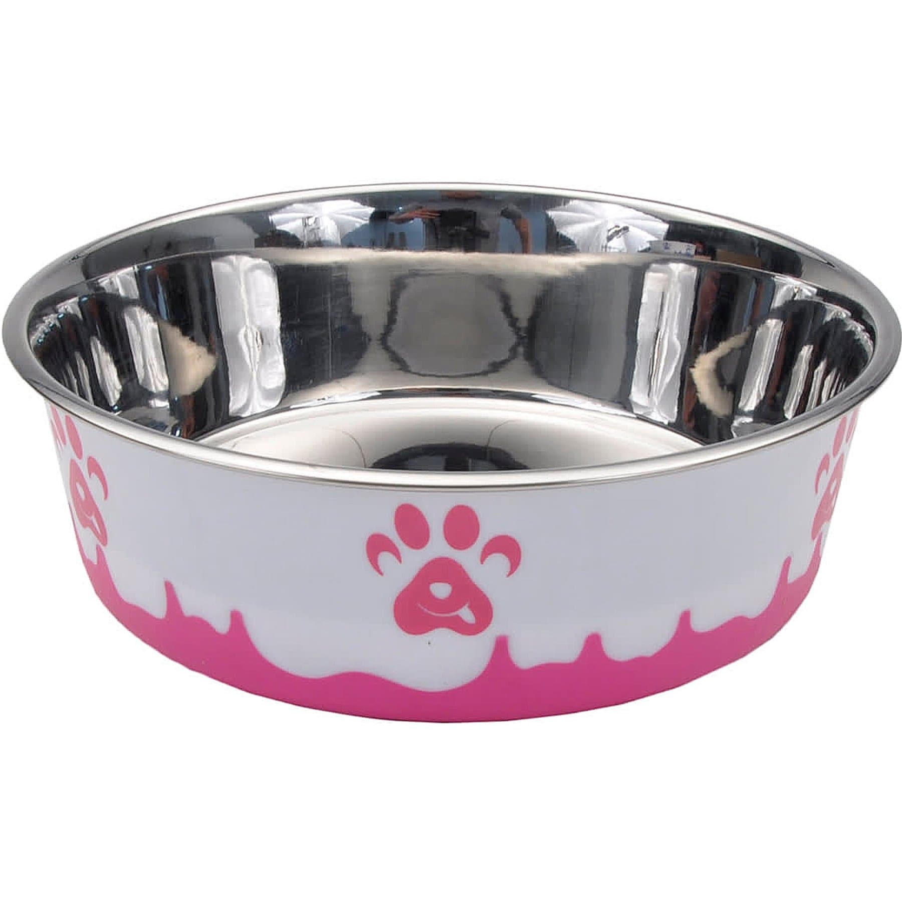 Maslow Maslow Design Series Paw Design Non-Skid Stainless Steel Dog Bowl, Pink/White, 6.75-cup