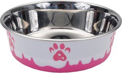 Maslow Design Series Paw Design Non-Skid Stainless Steel Dog Bowl, Pink/White, 3.5-cup