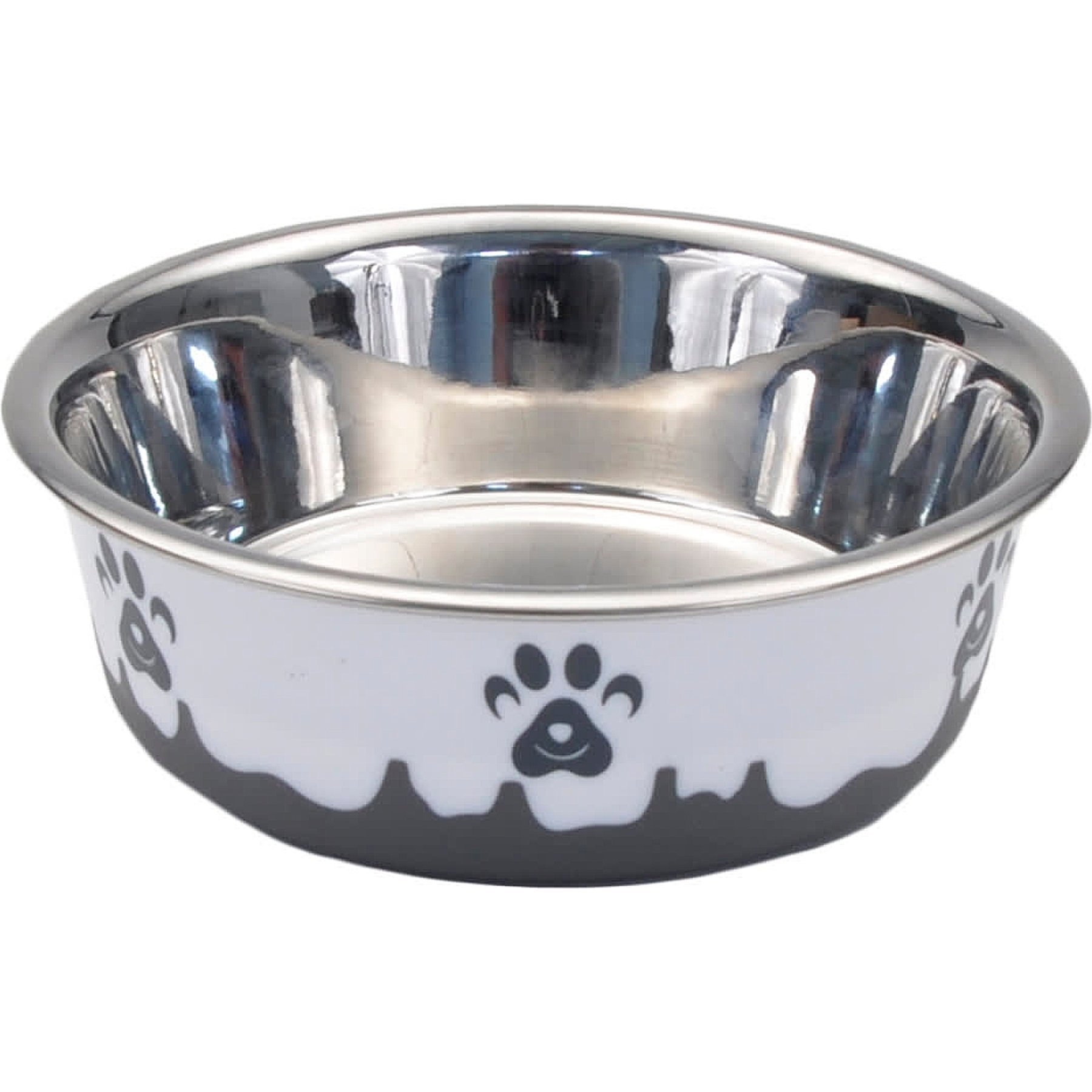 Maslow Design Series Paw Design Non-Skid Stainless Steel Dog Bowl, Grey/White, 6.75-cup