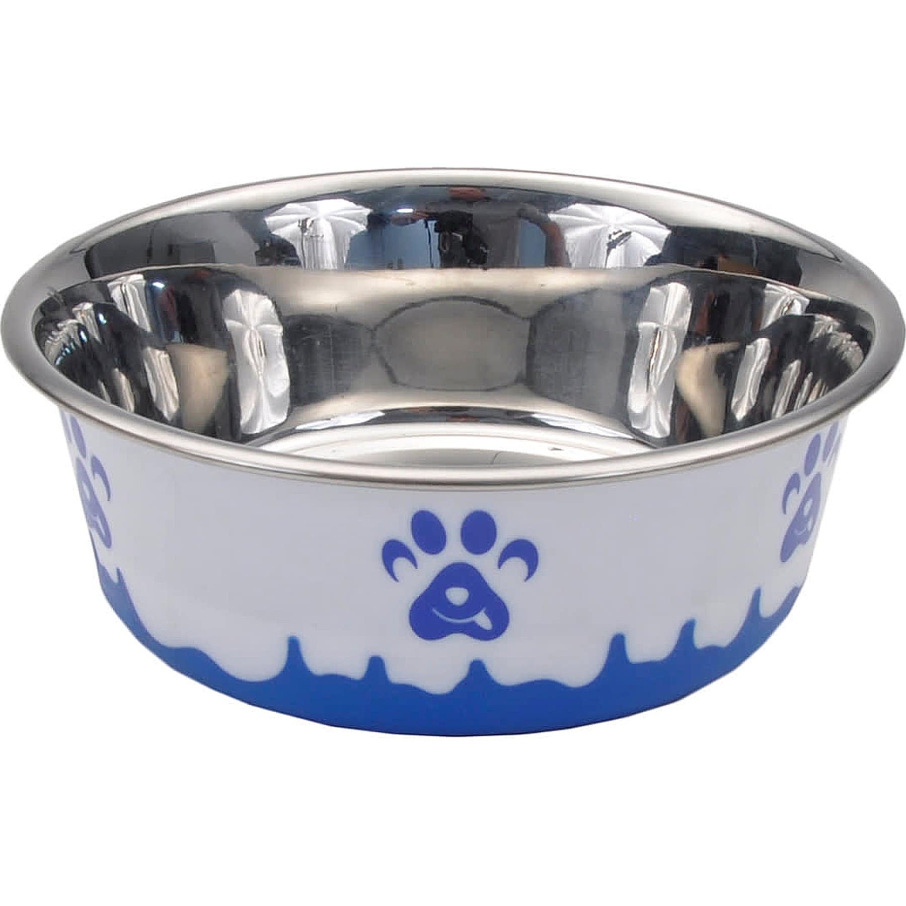 Maslow Maslow Design Series Paw Design Non-Skid Stainless Steel Dog Bowl, Blue/White, 6.75-cup