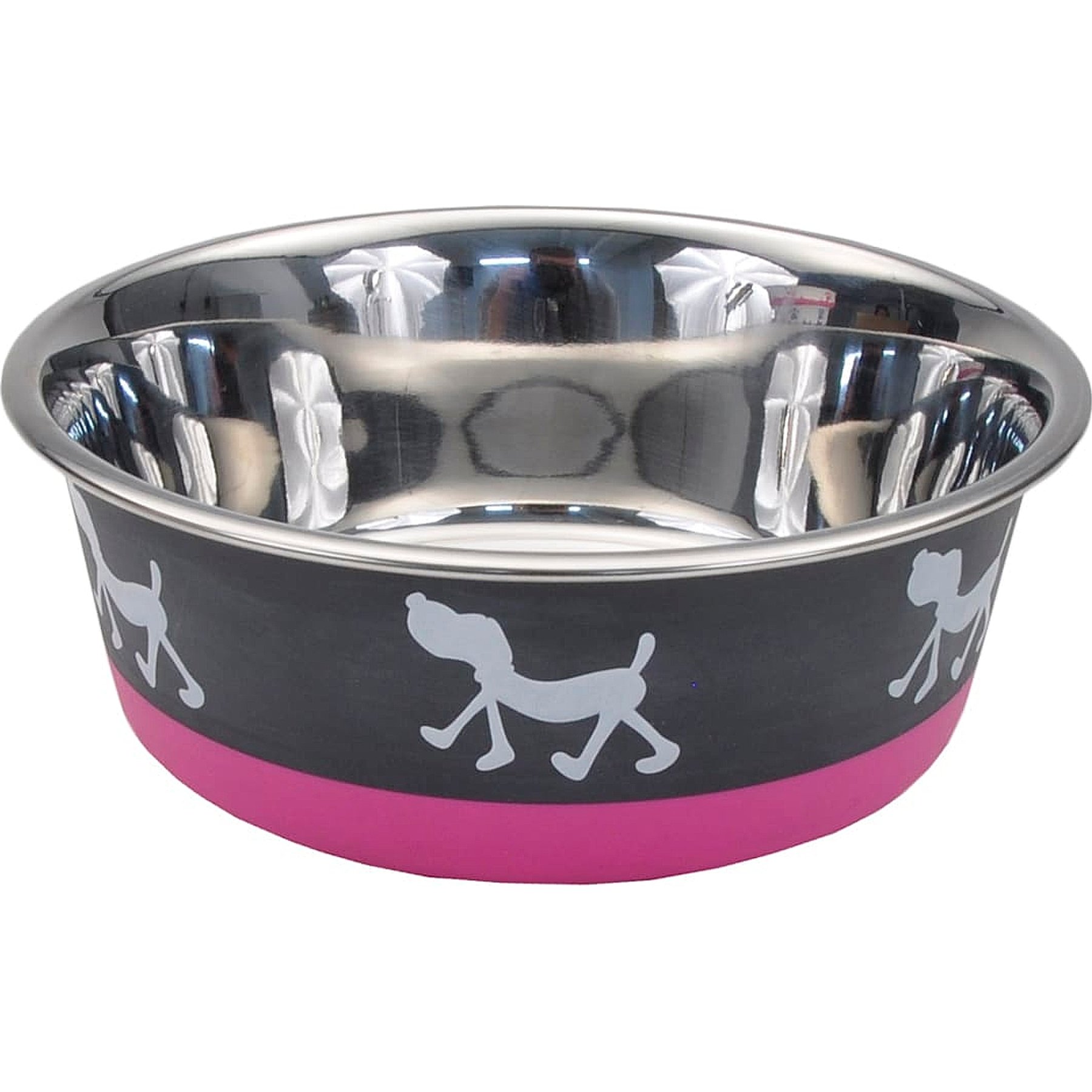 Maslow Maslow Design Series Pup Design Non-Skid Stainless Steel Dog Bowl, 6.75-cup, Pink/Grey