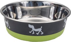 Maslow Design Series Pup Design Non-Skid Stainless Steel Dog Bowl, 6.75-cup, Green/Grey