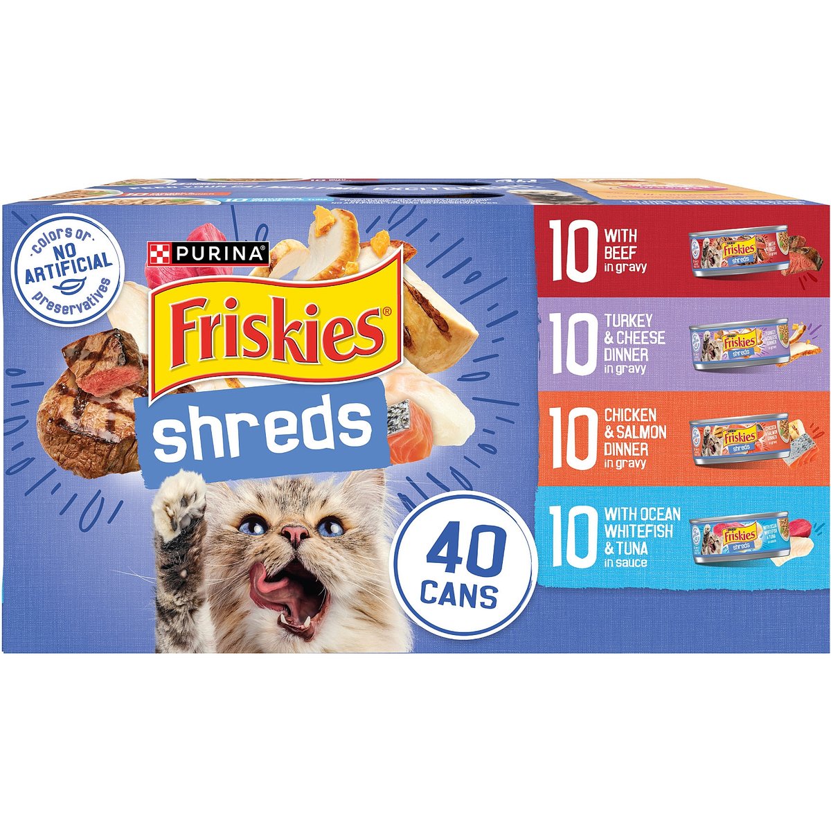Purina Friskies Wet Cat Food Variety Pack, Shreds With Beef, Turkey and Cheese Dinner, Chicken and Salmon Dinner, and With Ocean Whitefish and Tuna