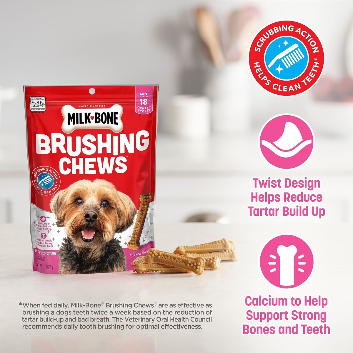 MILK-BONE Original Brushing Chews Mini Chicken Flavor Daily Dental