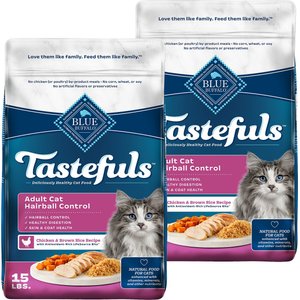 Blue Buffalo Tastefuls Chicken & Brown Rice Recipe Hairball Control Adult Dry Cat Food, 15-lb bag, bundle of 2
