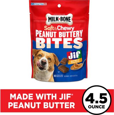 Show full view: Milk-Bone Peanut Buttery Bites Jif Peanut Butter Soft & Chewy Dog Treats, 4.5-oz bag slide 3 of 11