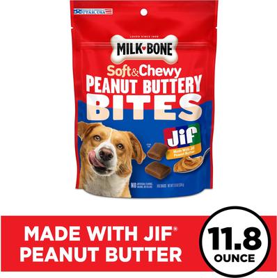 Show full view: Milk-Bone Peanut Buttery Bites Jif Peanut Butter Soft & Chewy Dog Treats, 11.8-oz bag slide 3 of 11