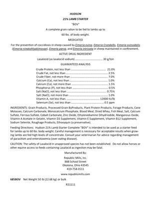 Show full view: Hudson Feeds Starter Medicated Bovatec 21% Protein Lamb Feed, 50-lb bag slide 3 of 7