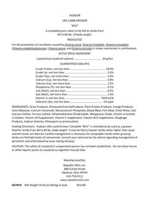 Show full view: Hudson Feeds Grower Medicated Bovatec 18% Protein Lamb Feed, 50-lb bag slide 3 of 7