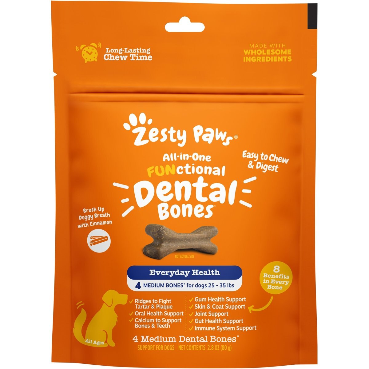 Zesty Paws All-in-One FUNctional Dental Bones Dental Chews for Medium Dogs, 4 count