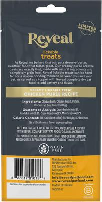 Show full view: Reveal Tuna Puree Grain-Free Lickable Treats, 0.5-oz sachet, 4 count + Reveal Chicken Puree Grain-Free Lickable Cat Treats, 0.5-oz sachet, 4 count slide 3 of 9