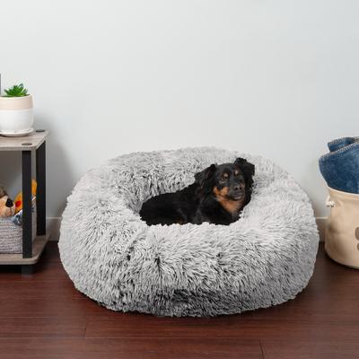 Show full view: FurHaven Calming Cuddler Long Fur Donut Bolster Dog Bed, Mist Gray, Medium slide 4 of 12