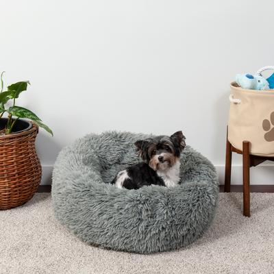 Show full view: FurHaven Calming Cuddler Long Fur Donut Bolster Dog Bed, Gray, Small slide 3 of 11