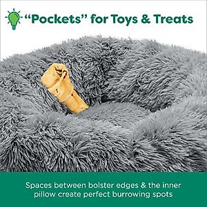 FurHaven Calming Cuddler Long Fur Donut Bolster Dog Bed, Gray, Large