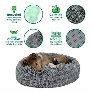FurHaven Calming Cuddler Long Fur Donut Bolster Dog Bed, Gray, Large