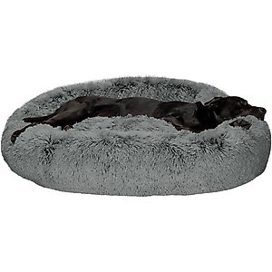 FurHaven Calming Cuddler Long Fur Donut Bolster Dog Bed, Gray, Jumbo