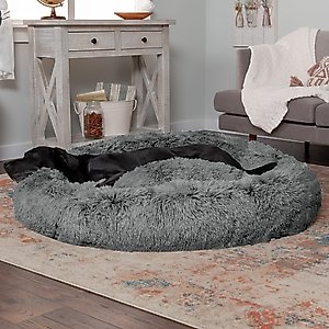 FurHaven Calming Cuddler Long Fur Donut Bolster Dog Bed, Gray, Jumbo