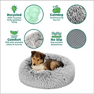 FurHaven Calming Cuddler Long Fur Donut Bolster Dog Bed, Mist Gray, Large