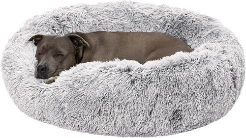 FURHAVEN Calming Cuddler Long Fur Donut Bolster Dog Bed, Mist Gray