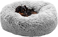 FurHaven Calming Cuddler Long Fur Donut Bolster Dog Bed, Mist Gray, Medium