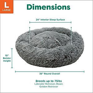 FurHaven Calming Cuddler Long Fur Donut Bolster Dog Bed, Gray, Large