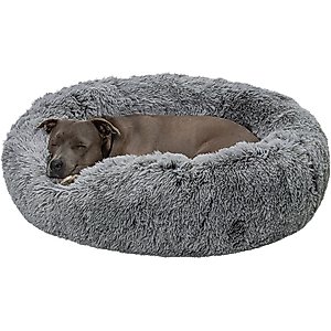 FurHaven Calming Cuddler Long Fur Donut Bolster Dog Bed, Gray, Large