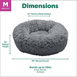 FurHaven Calming Cuddler Long Fur Donut Bolster Dog Bed, Gray, Medium