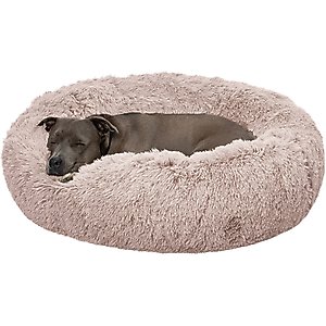 FurHaven Calming Cuddler Long Fur Donut Bolster Dog Bed, Taupe, Large