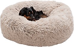 FurHaven Calming Cuddler Long Fur Donut Bolster Dog Bed, Taupe, Medium