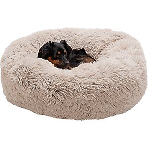 FurHaven Calming Cuddler Long Fur Donut Bolster Dog Bed, Taupe, Medium