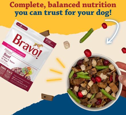 Show full view: Bravo! Homestyle Complete Beef Dinner Grain-Free Freeze-Dried Dehydrated Dog Food, 6-lb bag slide 4 of 9