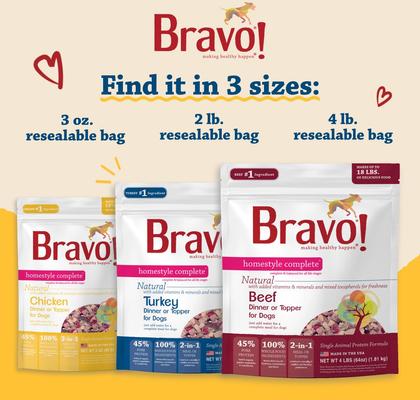Show full view: Bravo! Homestyle Complete Beef Dinner Grain-Free Freeze-Dried Dehydrated Dog Food, 6-lb bag slide 8 of 9