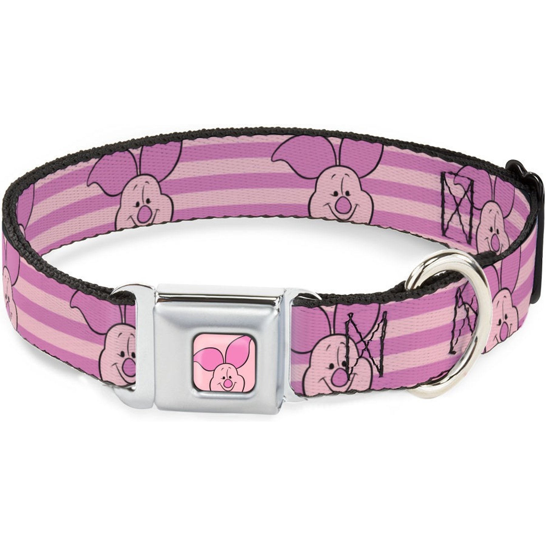 Buckle-Down Disney Winnie the Pooh Piglet Expression Close Up Stripe Metal Seatbelt Buckle Polyster Dog Collar, Pink, Medium: 11 to 16.5-in neck, 1-in wide