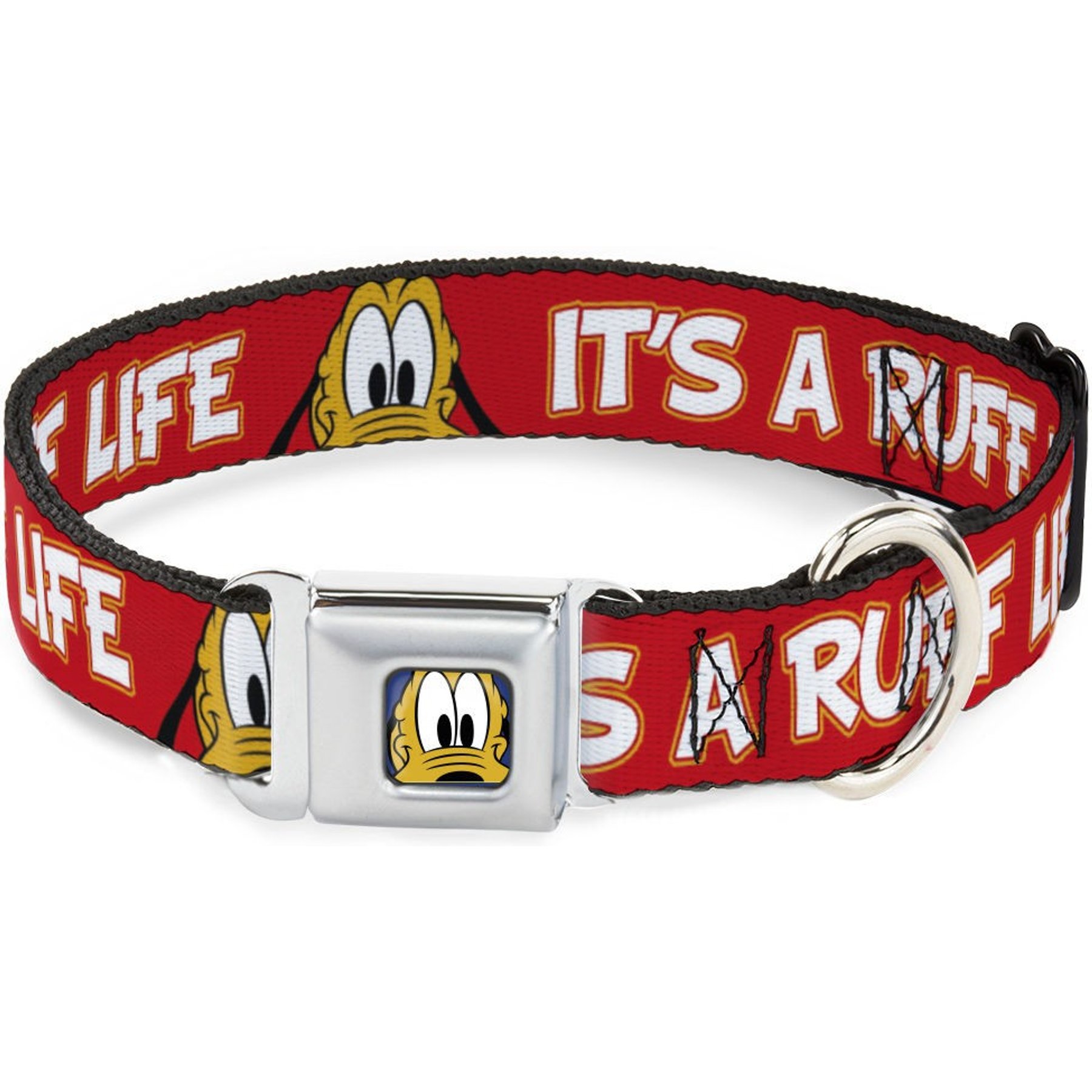 Buckle-Down Disney Pluto 2 Pose Its A Ruff Life Metal Seatbelt Buckle Polyster Dog Collar, Red, Medium: 11 to 16.5-in neck, 1-in wide