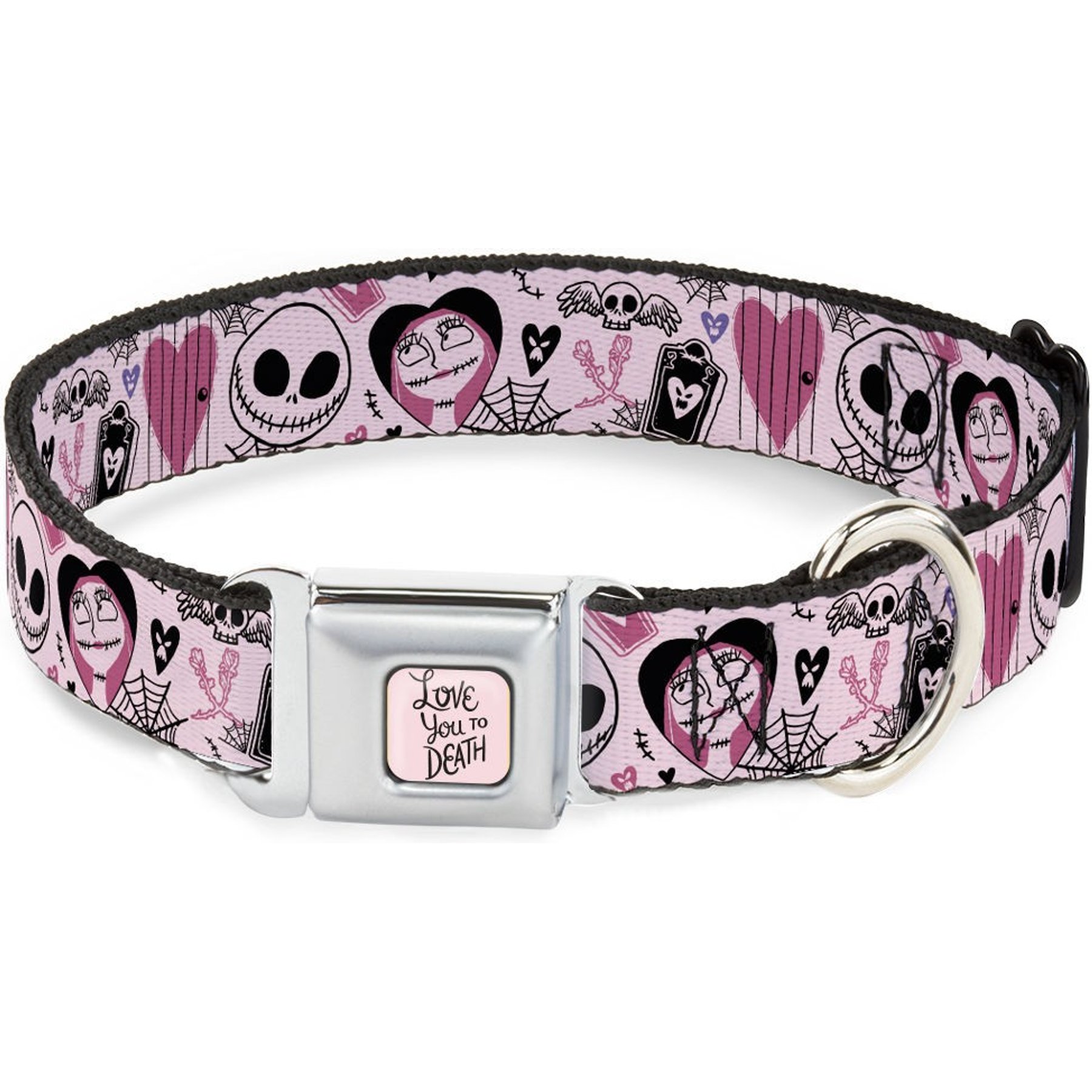 Buckle-Down Disney The Nightmare Before Christmas Jack & Sally Doodles Metal Seatbelt Buckle Polyster Dog Collar, Pink, Small: 13 to 17-in neck, 1.5-in wide