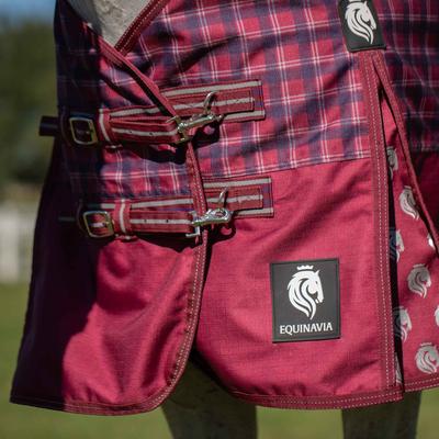 Show full view: Equinavia Arktis Regular Neck Heavyweight 300-g Horse Turnout Blanket, Cranberry Red, 69-in slide 6 of 7