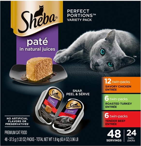 SHEBA Perfect Portions Grain Free Savory Chicken Roasted Turkey Tender Beef Pate Variety Pack Adult Wet Cat Food Trays 2.6 oz case of 24 twin packs Chewy