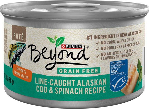 PURINA BEYOND Grain Free Pate Alaskan Cod Spinach Recipe Canned Cat Food 3 oz case of 12 Chewy