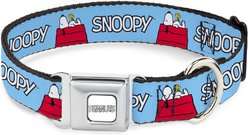Buckle-Down Peanuts Worldwide LLC Snoopy & Woodstock Dog House Metal Seatbelt Buckle Dog Collar, Sky Blue, Medium: 11 to 16.5-in neck, 1-in wide